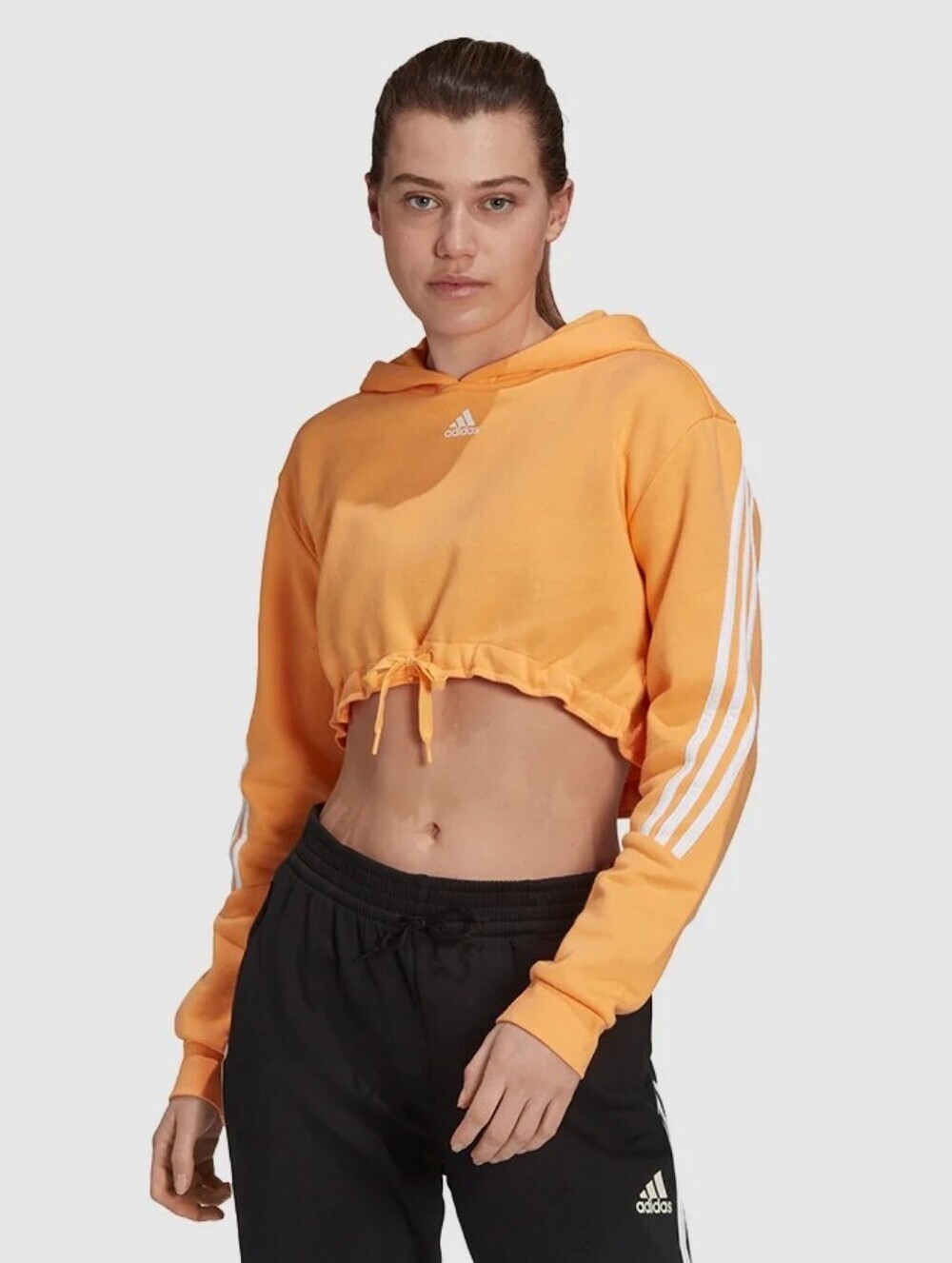 ADIDAS Women’s Hazy Orange Cropped Hoodie 3-Stripe Pullover Size XL